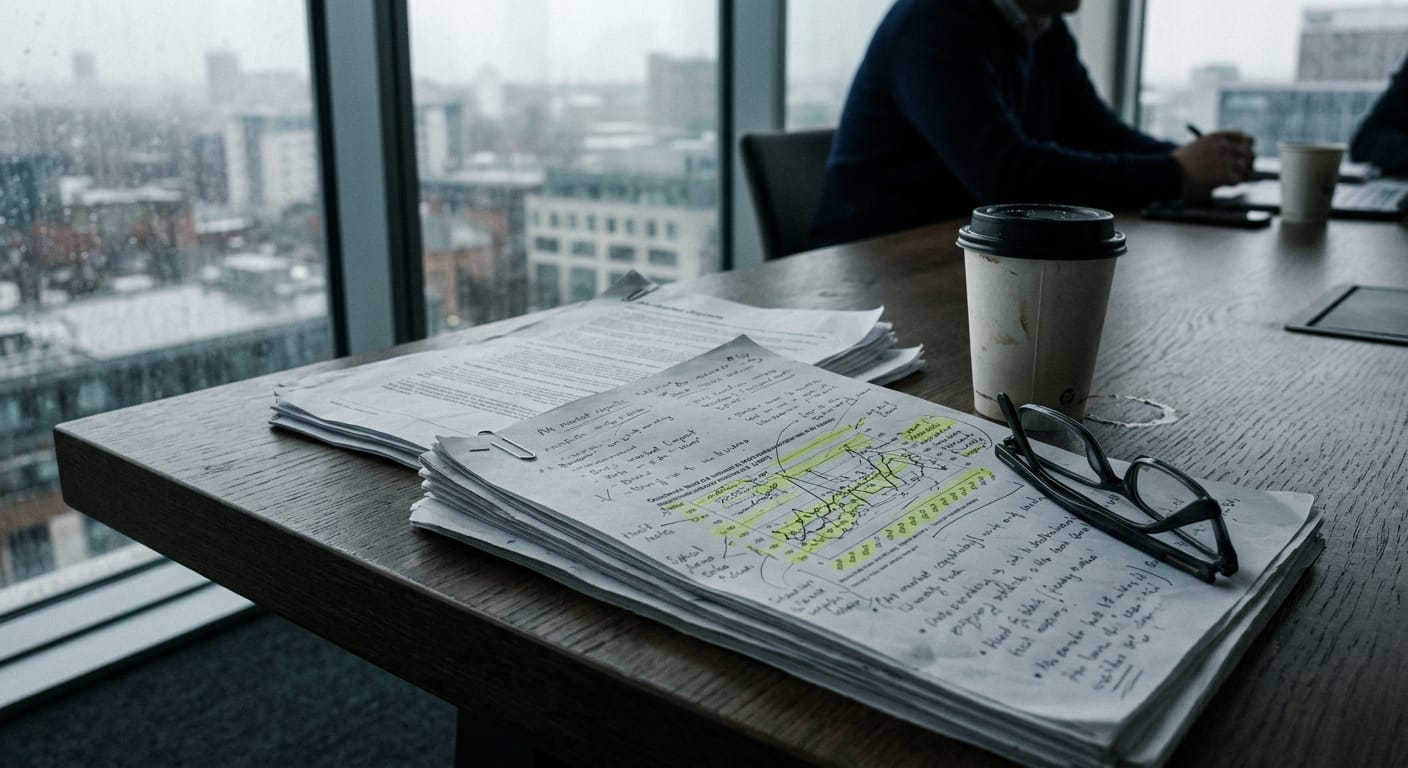 Marked-up market reports and reading glasses on a conference table
